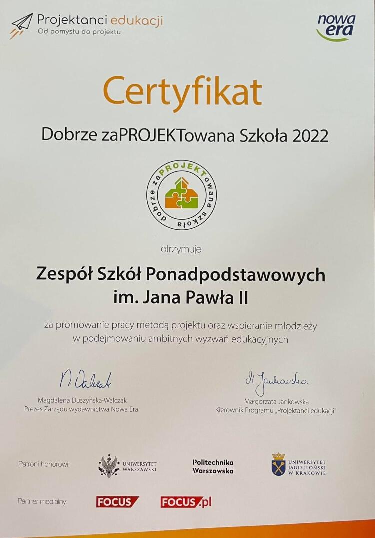 Certyfikat „Dobrze ZaPROJEKTowana Szkoła 2022” - Zespół Szkół ...